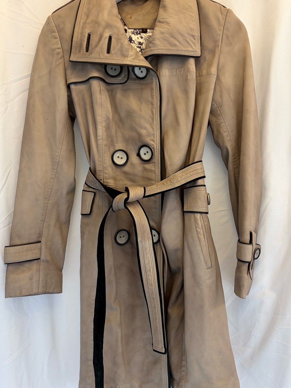 Leather Beige Trench Coat - Women's Belted Double-Breasted Jacket